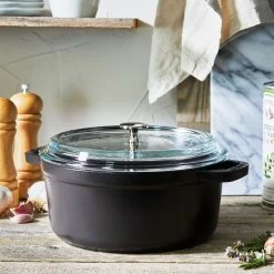 Staub 4 Qt. Round Cocotte/Dutch Oven With Glass Lid | Matte Black -Cuisinart Sales Shop 11412423 ls 01