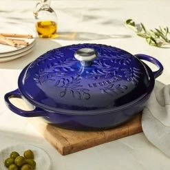 Le Creuset Olive Branch Collection 3.5 Qt. Signature Braiser | Indigo Blue -Cuisinart Sales Shop rs16892 220511 lecreuset olivebranchbraiser sqret