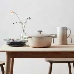 Le Creuset 5.5 Qt. Round Signature Cast Iron Dutch Oven With Stainless Steel Knob | Meringue White -Cuisinart Sales Shop rs9182 spring 2019 meringuetablescapeplates 0337